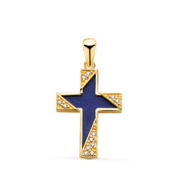 18K Cruz Oro Amarillo Lapizlazuli Detalles Con Circonitas. Medida: 19 X 12,5 Mm