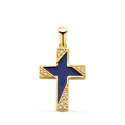 18K Cruz Oro Amarillo Lapizlazuli Detalles Con Circonitas. Medida: 19 X 12,5 Mm