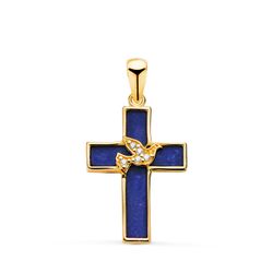 18K Cruz Oro Amarillo Lapizlazuli Y Pajaro Con Circonitas. Medida: 19 X 12,5 Mm