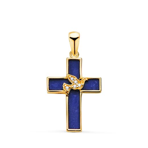 18K Cruz Oro Amarillo Lapizlazuli Y Pajaro Con Circonitas. Medida: 19 X 12,5 Mm