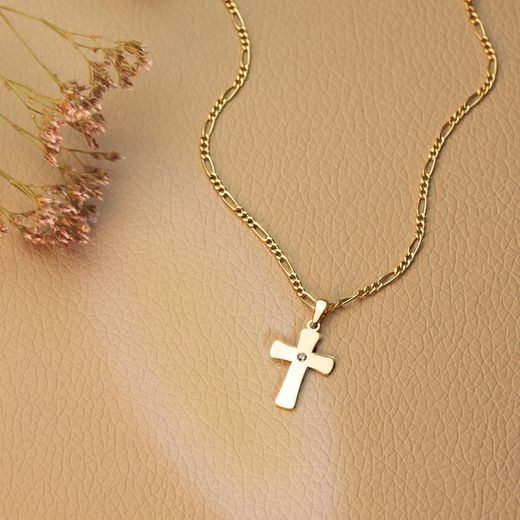 18K Cruz Oro Amarillo Lisa En Brillo Con Circonita 20 X 12 Mm