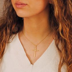 18K Cruz Oro Amarillo Lisa Tubo Hueco 3 Mm 35X22 Mm