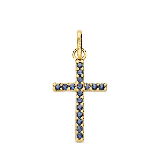 18K Cruz Oro Amarillo Piedras Azules 16X10 Mm