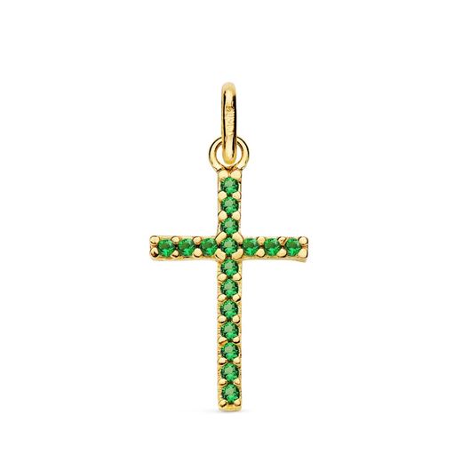 18K Cruz Oro Amarillo Piedras Verdes 16X10 Mm
