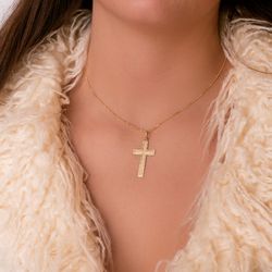 18K Cruz Oro Amarillo Sin Cristo Bordes Tallados 35X20 Mm