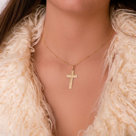 18K Cruz Oro Amarillo Sin Cristo Bordes Tallados 35X20 Mm