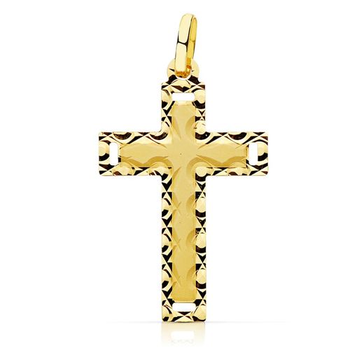 18K Cruz Oro Amarillo Sin Cristo Tallada 28X17 Mm