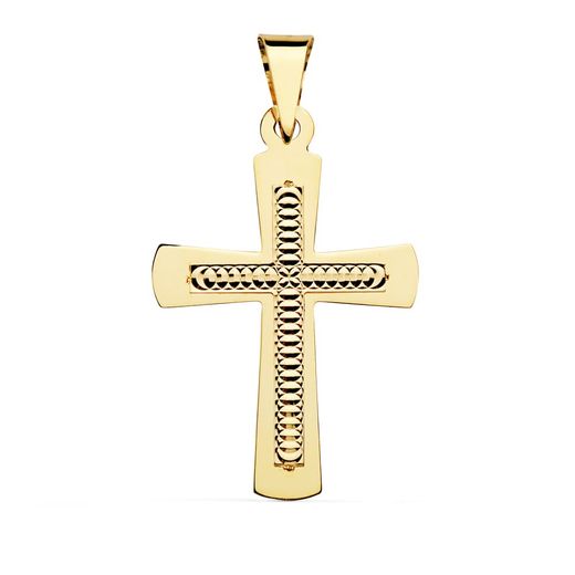 18K Cruz Oro Amarillo Sin Cristo Tallada. 34 X 22 Mm