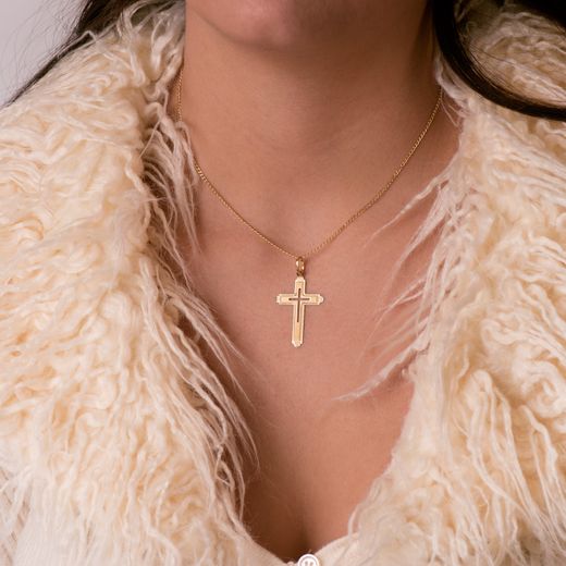 18K Cruz Oro Amarillo Sin Cristo Tallada Y Matizada 35X22 Mm