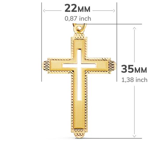 18K Cruz Oro Amarillo Sin Cristo Tallada Y Matizada 35X22 Mm