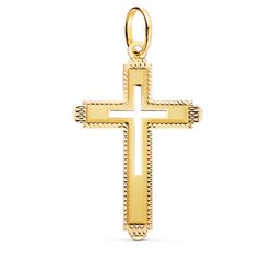 18K Cruz Oro Amarillo Sin Cristo Tallada Y Matizada 35X22 Mm