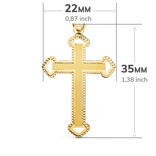 18K Cruz Oro Amarillo Sin Cristo Tallada Y Matizada 35X22 Mm