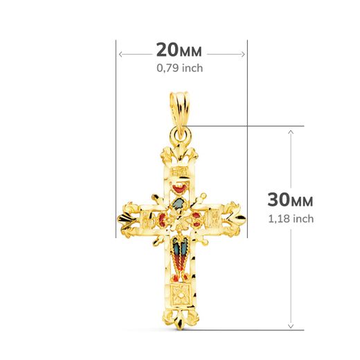 18K Cruz Oro Amarillo Vidriera Catedral Bordes Tallados. 30X20 Mm