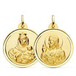18K Escapulario Oro Amarillo Bisel Oro Amarillo Virgen Carmen Y Corazon De Jesus 28 Mm