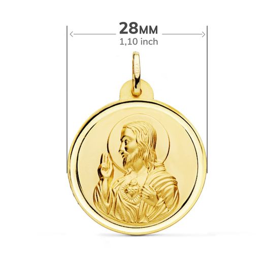 18K Escapulario Oro Amarillo Bisel Oro Amarillo Virgen Carmen Y Corazon De Jesus 28 Mm