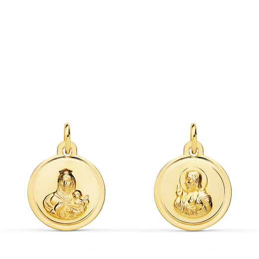 18K Escapulario Oro Amarillo Bisel Oro Amarillo Virgen Del Carmen Corazon De Jesus 12 Mm
