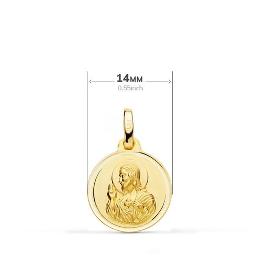 18K Escapulario Oro Amarillo Bisel Oro Amarillo Virgen Del Carmen Corazon De Jesus 14 Mm