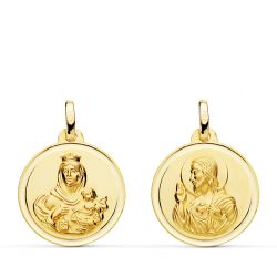 18K Escapulario Oro Amarillo Bisel Oro Amarillo Virgen Del Carmen Corazon De Jesus 18 Mm
