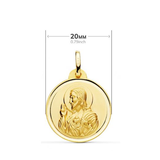 18K Escapulario Oro Amarillo Bisel Oro Amarillo Virgen Del Carmen Corazon De Jesus 20 Mm