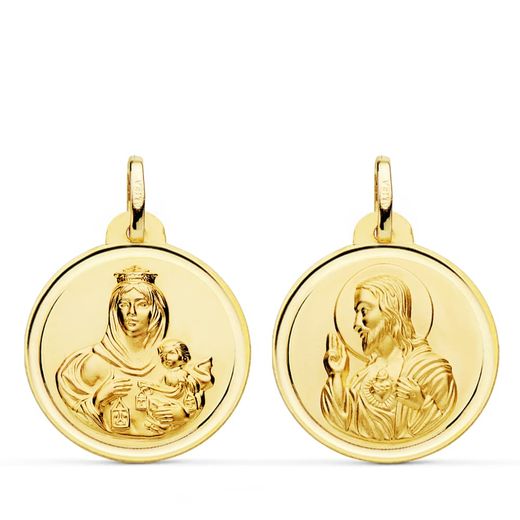 18K Escapulario Oro Amarillo Bisel Oro Amarillo Virgen Del Carmen Corazon De Jesus 22 Mm