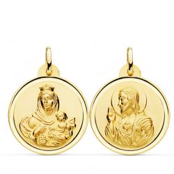 18K Escapulario Oro Amarillo Bisel Oro Amarillo Virgen Del Carmen Corazon Jesus 24 Mm