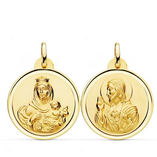 18K Escapulario Oro Amarillo Bisel Oro Amarillo Virgen Del Carmen Corazon Jesus 24 Mm