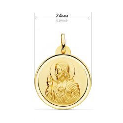 18K Escapulario Oro Amarillo Bisel Oro Amarillo Virgen Del Carmen Corazon Jesus 24 Mm