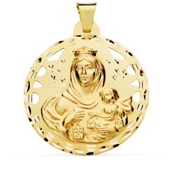 18K Escapulario Oro Amarillo Calado Tallado Oro Amarillo Virgen Carmen Y Corazon De Jesus 42 Mm