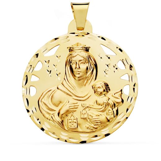 18K Escapulario Oro Amarillo Calado Tallado Oro Amarillo Virgen Carmen Y Corazon De Jesus 42 Mm