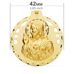 18K Escapulario Oro Amarillo Calado Tallado Oro Amarillo Virgen Carmen Y Corazon De Jesus 42 Mm