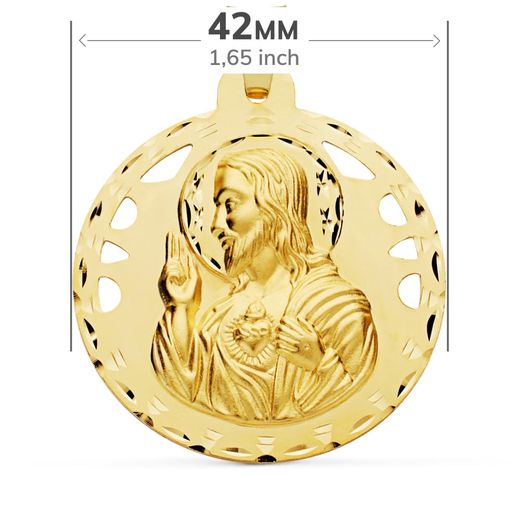 18K Escapulario Oro Amarillo Calado Tallado Oro Amarillo Virgen Carmen Y Corazon De Jesus 42 Mm