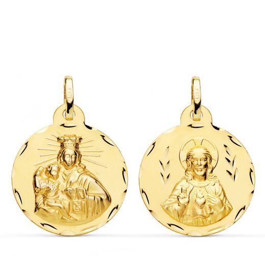 18K Escapulario Oro Amarillo Corazon De Jesus Y Virgen Del Carmen Tallado Oro Amarillo 22 Mm