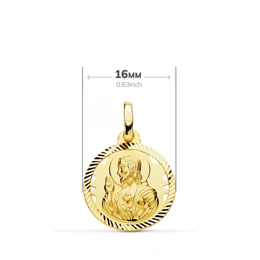 18K Escapulario Oro Amarillo Helice Calado Virgen Carmen Y Corazon De Jesus 16 Mm