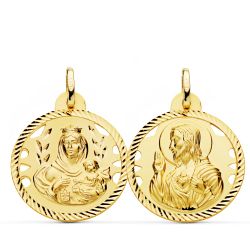 18K Escapulario Oro Amarillo Helice Calado Virgen Carmen Y Corazon De Jesus 24 Mm