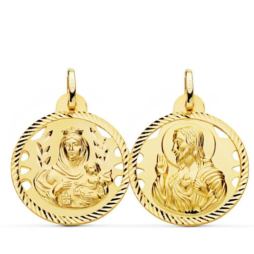 18K Escapulario Oro Amarillo Helice Calado Virgen Carmen Y Corazon De Jesus 24 Mm