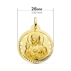 18K Escapulario Oro Amarillo Helice Calado Virgen Carmen Y Corazon De Jesus 26 Mm