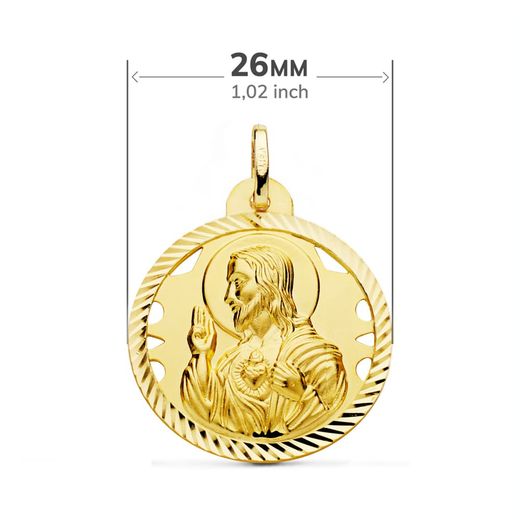 18K Escapulario Oro Amarillo Helice Calado Virgen Carmen Y Corazon De Jesus 26 Mm