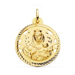 18K Escapulario Oro Amarillo Helice Calado Virgen Carmen Y Corazon De Jesus 28 Mm