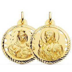 18K Escapulario Oro Amarillo Helice Calado Virgen Carmen Y Corazon De Jesus 30 Mm