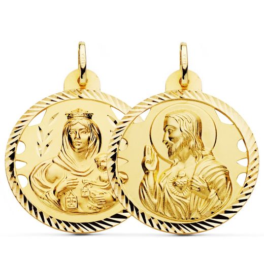 18K Escapulario Oro Amarillo Helice Calado Virgen Carmen Y Corazon De Jesus 30 Mm