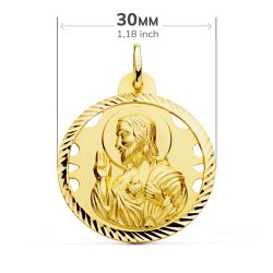 18K Escapulario Oro Amarillo Helice Calado Virgen Carmen Y Corazon De Jesus 30 Mm