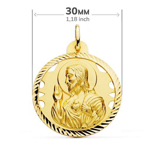 18K Escapulario Oro Amarillo Helice Calado Virgen Carmen Y Corazon De Jesus 30 Mm