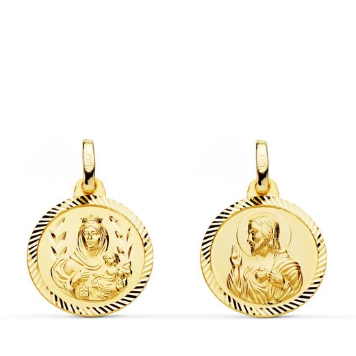 18K Escapulario Oro Amarillo Helice Virgen Carmen Y Corazon De Jesus 16 Mm