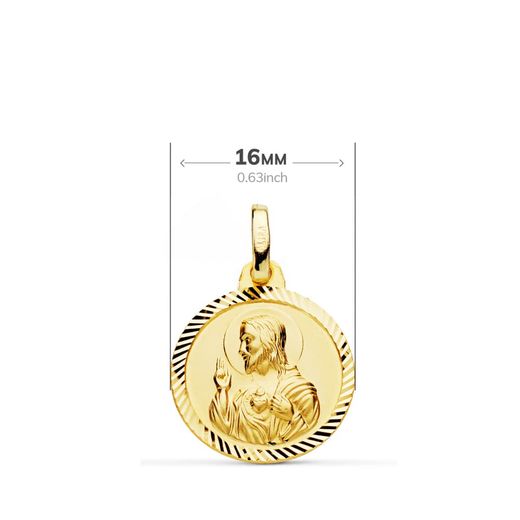 18K Escapulario Oro Amarillo Helice Virgen Carmen Y Corazon De Jesus 16 Mm