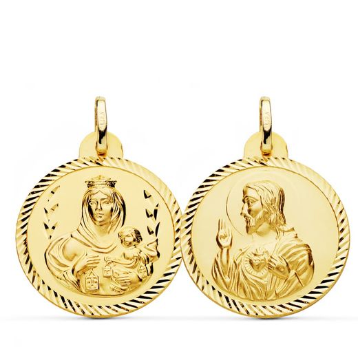 18K Escapulario Oro Amarillo Helice Virgen Carmen Y Corazon De Jesus 24 Mm