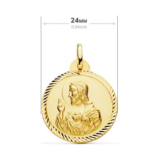 18K Escapulario Oro Amarillo Helice Virgen Carmen Y Corazon De Jesus 24 Mm