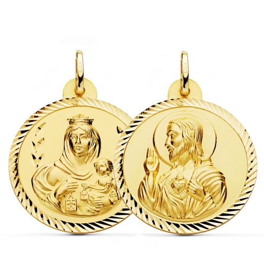 18K Escapulario Oro Amarillo Helice Virgen Carmen Y Corazon De Jesus 28 Mm