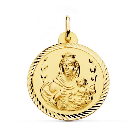 18K Escapulario Oro Amarillo Helice Virgen Carmen Y Corazon De Jesus 28 Mm