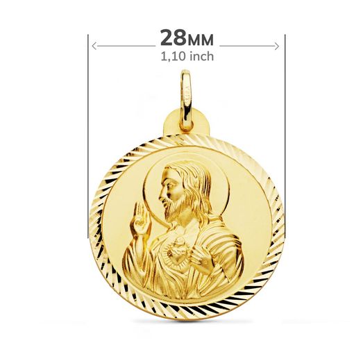 18K Escapulario Oro Amarillo Helice Virgen Carmen Y Corazon De Jesus 28 Mm