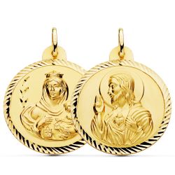 18K Escapulario Oro Amarillo Helice Virgen Carmen Y Corazon De Jesus 30 Mm